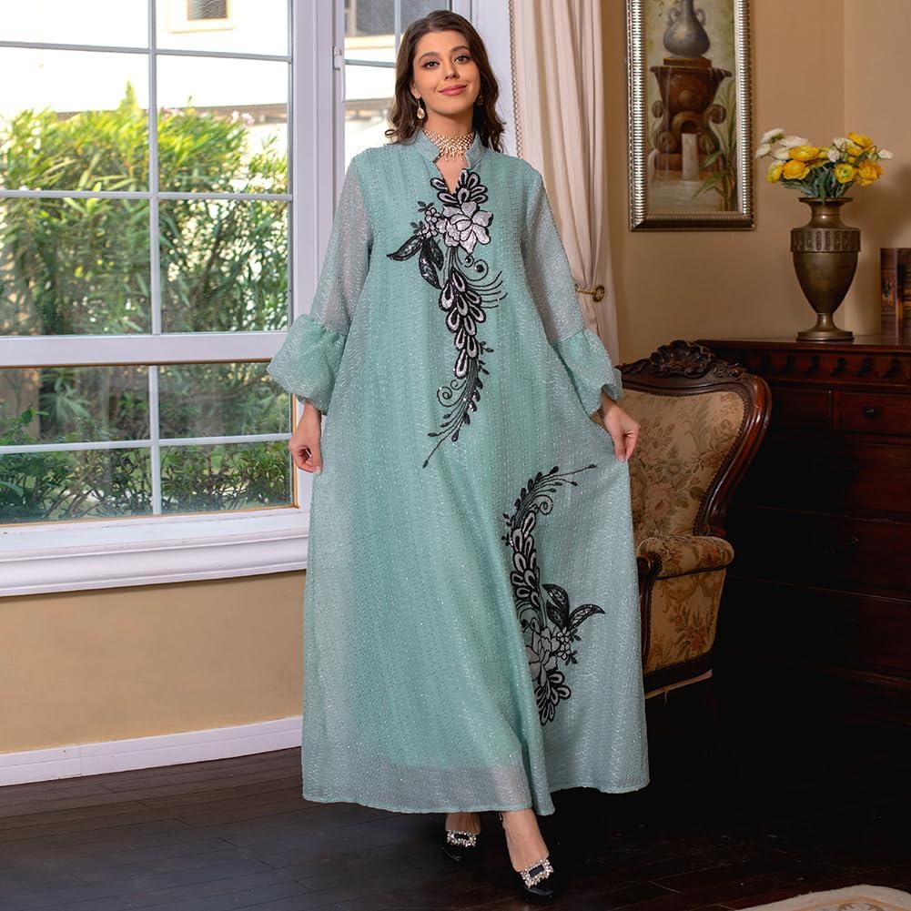 imageIDOPIP Abayas for Women Muslim Long Sleeve Embroidery Applique Maxi Kaftan Dresses Casual Loose Full Cover Islamic Dubai RobeGreen