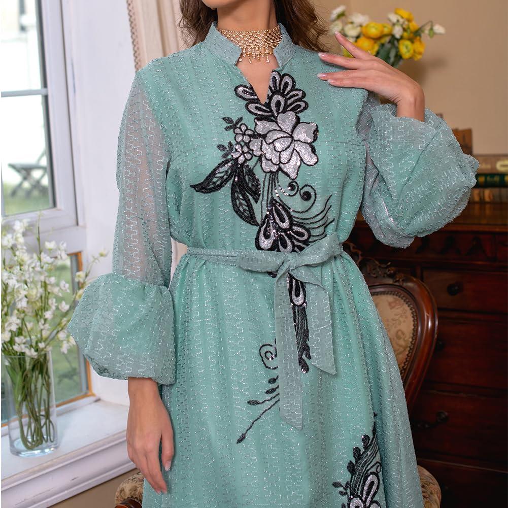 imageIDOPIP Abayas for Women Muslim Long Sleeve Embroidery Applique Maxi Kaftan Dresses Casual Loose Full Cover Islamic Dubai RobeGreen