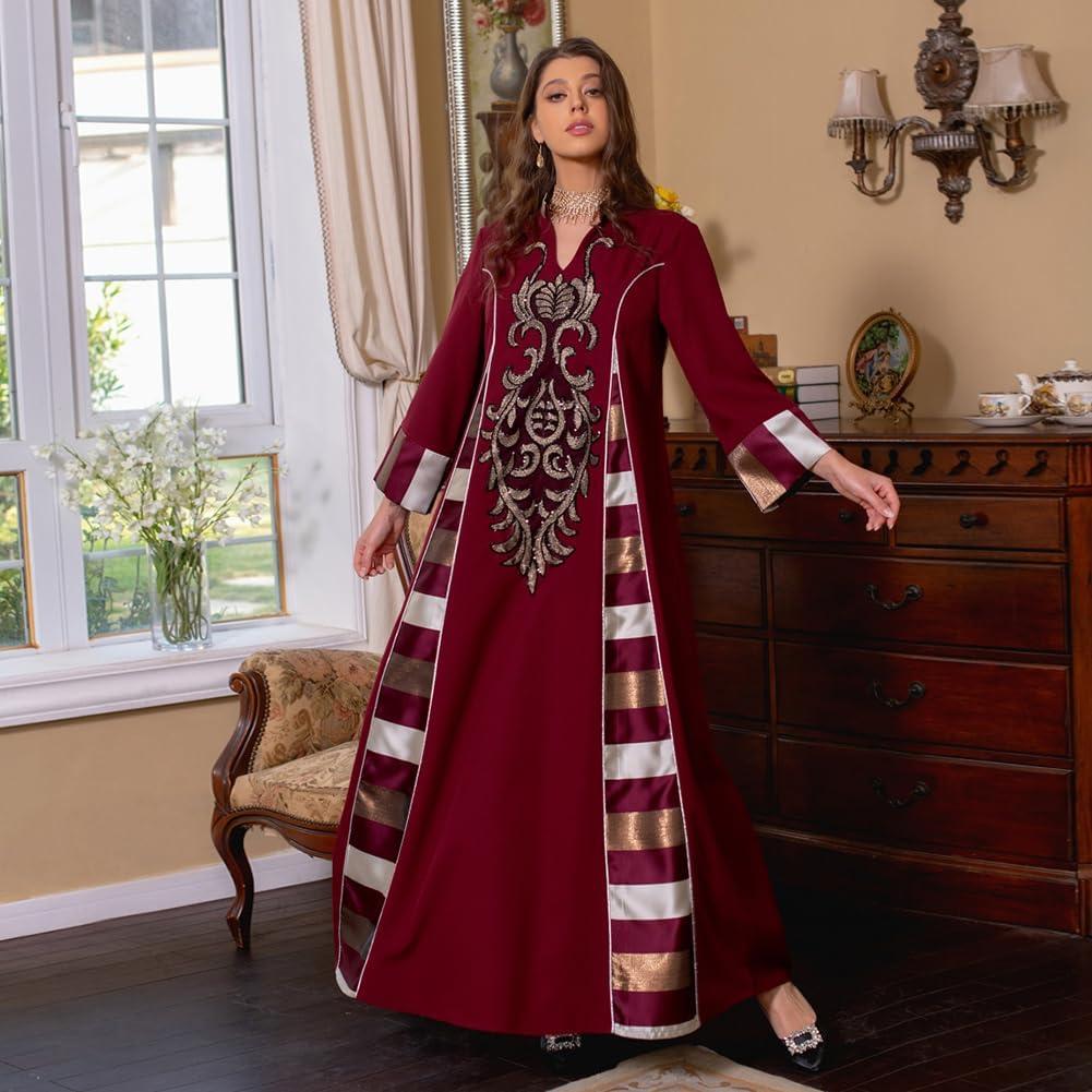 imageIDOPIP Abayas for Women Muslim Long Sleeve Embroidery Applique Maxi Kaftan Dresses Casual Loose Full Cover Islamic Dubai RobeWine Red  Striped