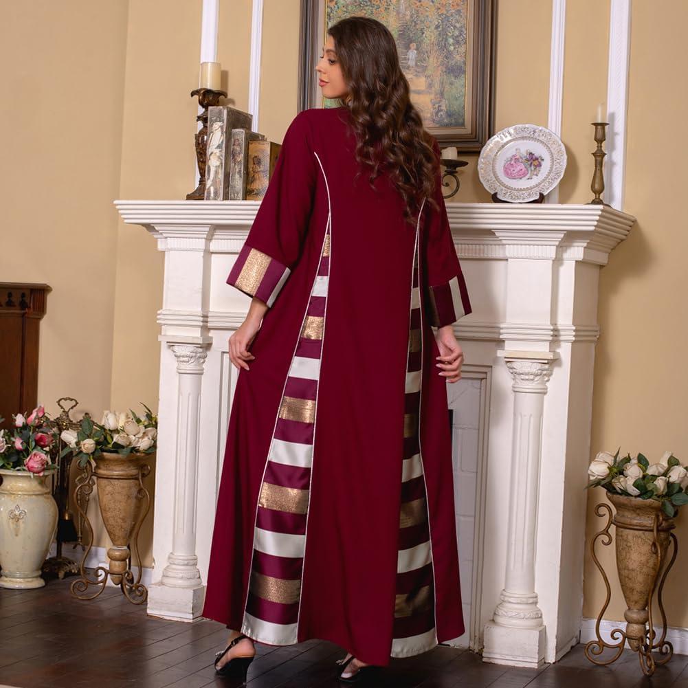 imageIDOPIP Abayas for Women Muslim Long Sleeve Embroidery Applique Maxi Kaftan Dresses Casual Loose Full Cover Islamic Dubai RobeWine Red  Striped