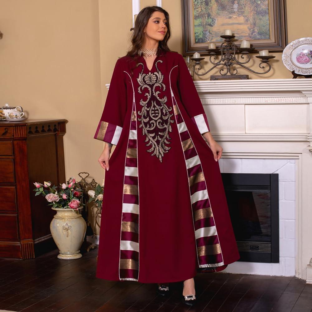 imageIDOPIP Abayas for Women Muslim Long Sleeve Embroidery Applique Maxi Kaftan Dresses Casual Loose Full Cover Islamic Dubai RobeWine Red  Striped
