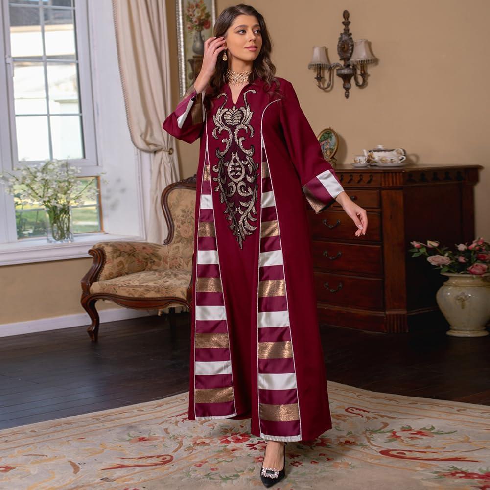 imageIDOPIP Abayas for Women Muslim Long Sleeve Embroidery Applique Maxi Kaftan Dresses Casual Loose Full Cover Islamic Dubai RobeWine Red  Striped
