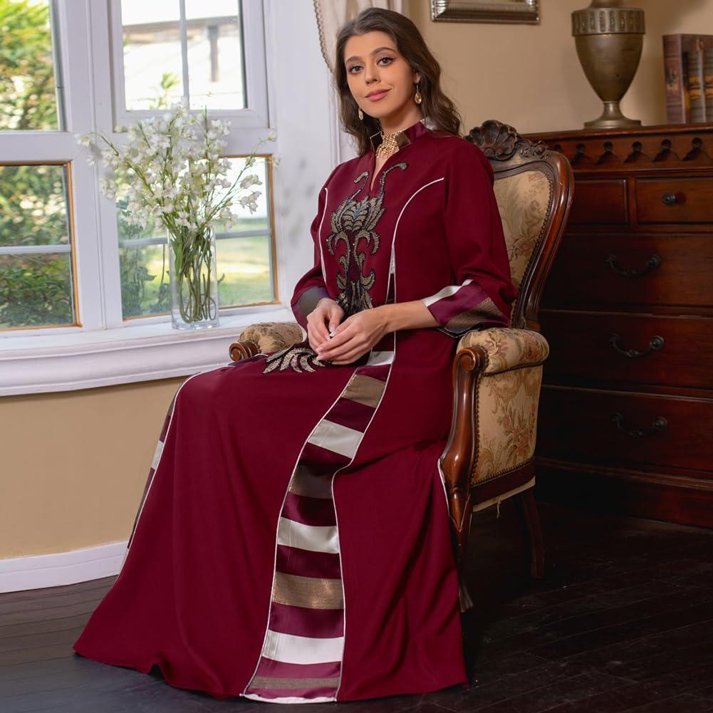imageIDOPIP Abayas for Women Muslim Long Sleeve Embroidery Applique Maxi Kaftan Dresses Casual Loose Full Cover Islamic Dubai RobeWine Red  Striped