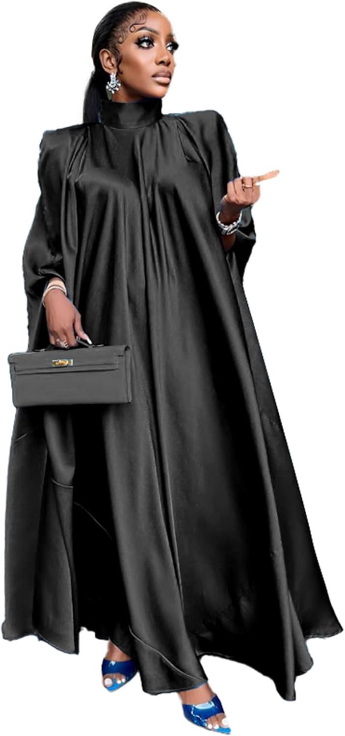 imageIDOPIP Abayas for Women Muslim Loose Maxi Satin Kaftan Dresses Islamic Dubai Oversized Swing Turtleneck Batwing Sleeve Gown