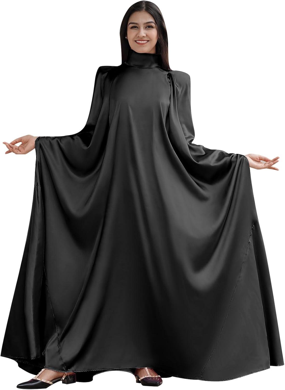 imageIDOPIP Abayas for Women Muslim Loose Maxi Satin Kaftan Dresses Islamic Dubai Oversized Swing Turtleneck Batwing Sleeve Gown