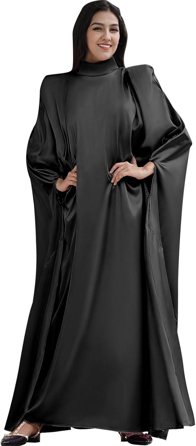 imageIDOPIP Abayas for Women Muslim Loose Maxi Satin Kaftan Dresses Islamic Dubai Oversized Swing Turtleneck Batwing Sleeve Gown
