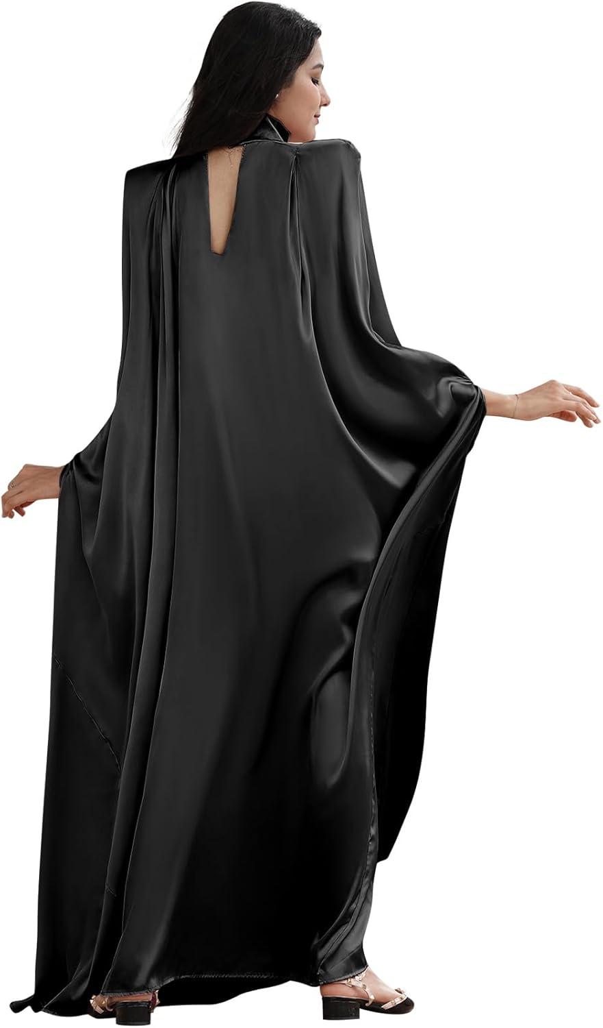imageIDOPIP Abayas for Women Muslim Loose Maxi Satin Kaftan Dresses Islamic Dubai Oversized Swing Turtleneck Batwing Sleeve Gown