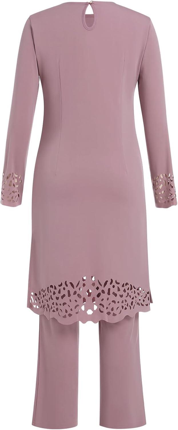 imageIDOPIP Abayas for Women Muslim Outfits Long Sleeve Hollow Out Islamic Prayer Dress Top with Pants 2PCS Dubai Kaftan Clothes