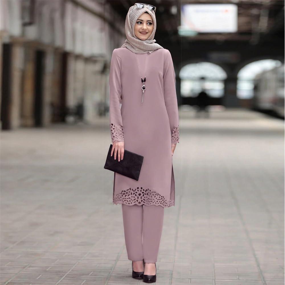 imageIDOPIP Abayas for Women Muslim Outfits Long Sleeve Hollow Out Islamic Prayer Dress Top with Pants 2PCS Dubai Kaftan Clothes