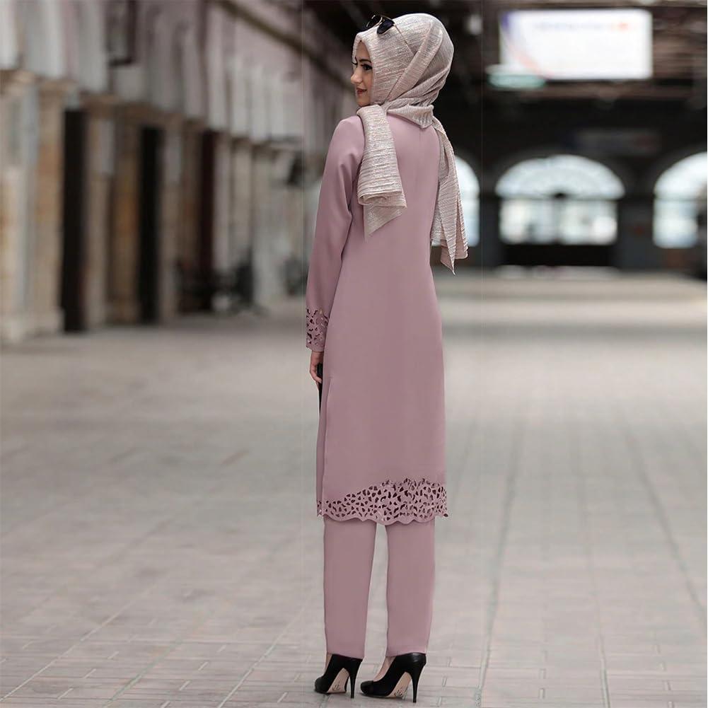 imageIDOPIP Abayas for Women Muslim Outfits Long Sleeve Hollow Out Islamic Prayer Dress Top with Pants 2PCS Dubai Kaftan Clothes