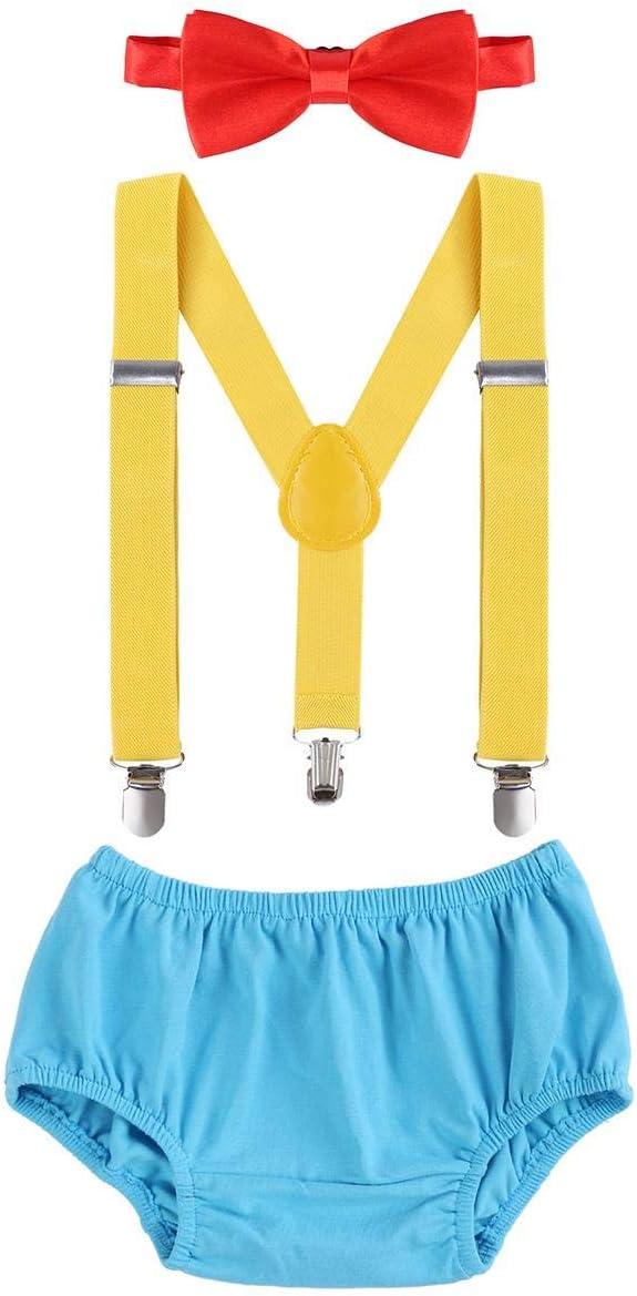 imageIDOPIP Baby Boys Circus Cake Smash Outfit Little Clown Costume 1st Birthday Diaper Cover Suspender Bowtie Set for Photo PartyBlue  Yellow  Red 4pcs