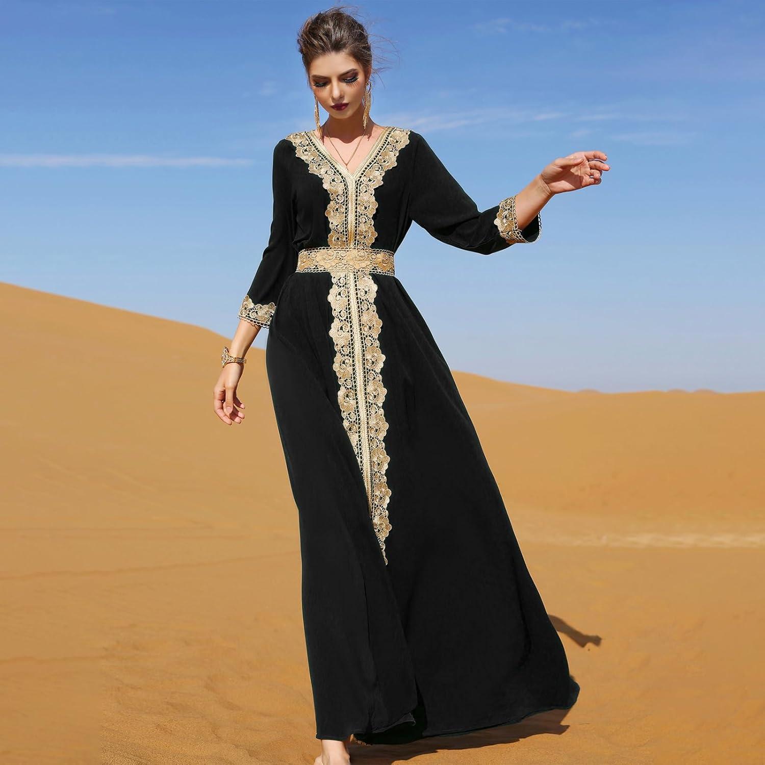 imageIDOPIP Embroidery Abayas for Women Muslim Moroccan Floral Maxi Kaftan Dress Arabic Islamic Dubai Robe Ramadan Prayer ClothesBlack