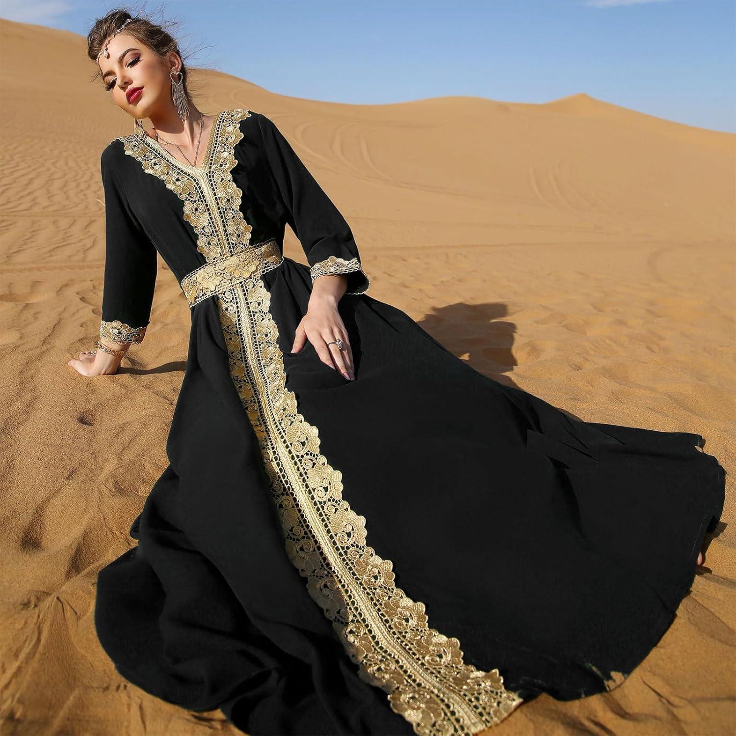 imageIDOPIP Embroidery Abayas for Women Muslim Moroccan Floral Maxi Kaftan Dress Arabic Islamic Dubai Robe Ramadan Prayer ClothesBlack