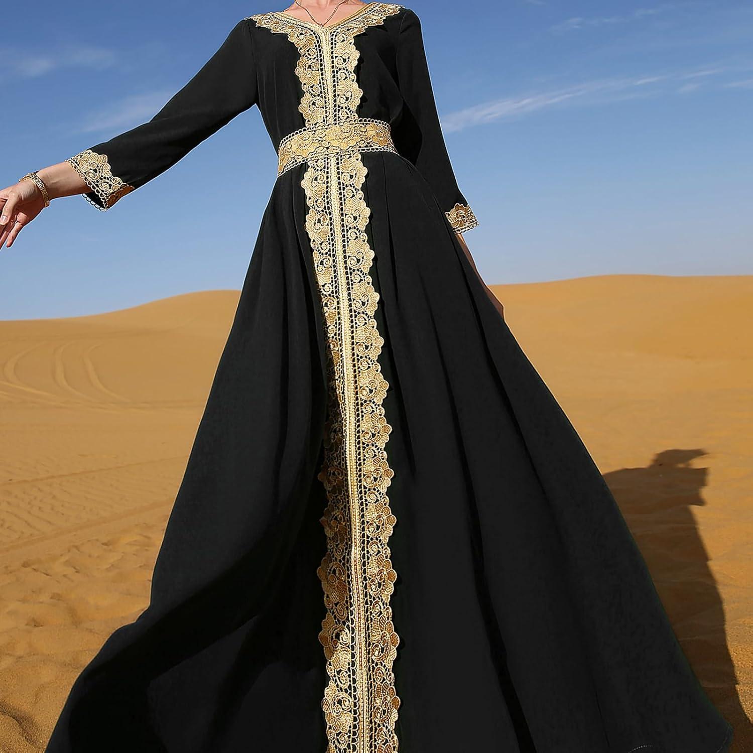 imageIDOPIP Embroidery Abayas for Women Muslim Moroccan Floral Maxi Kaftan Dress Arabic Islamic Dubai Robe Ramadan Prayer ClothesBlack