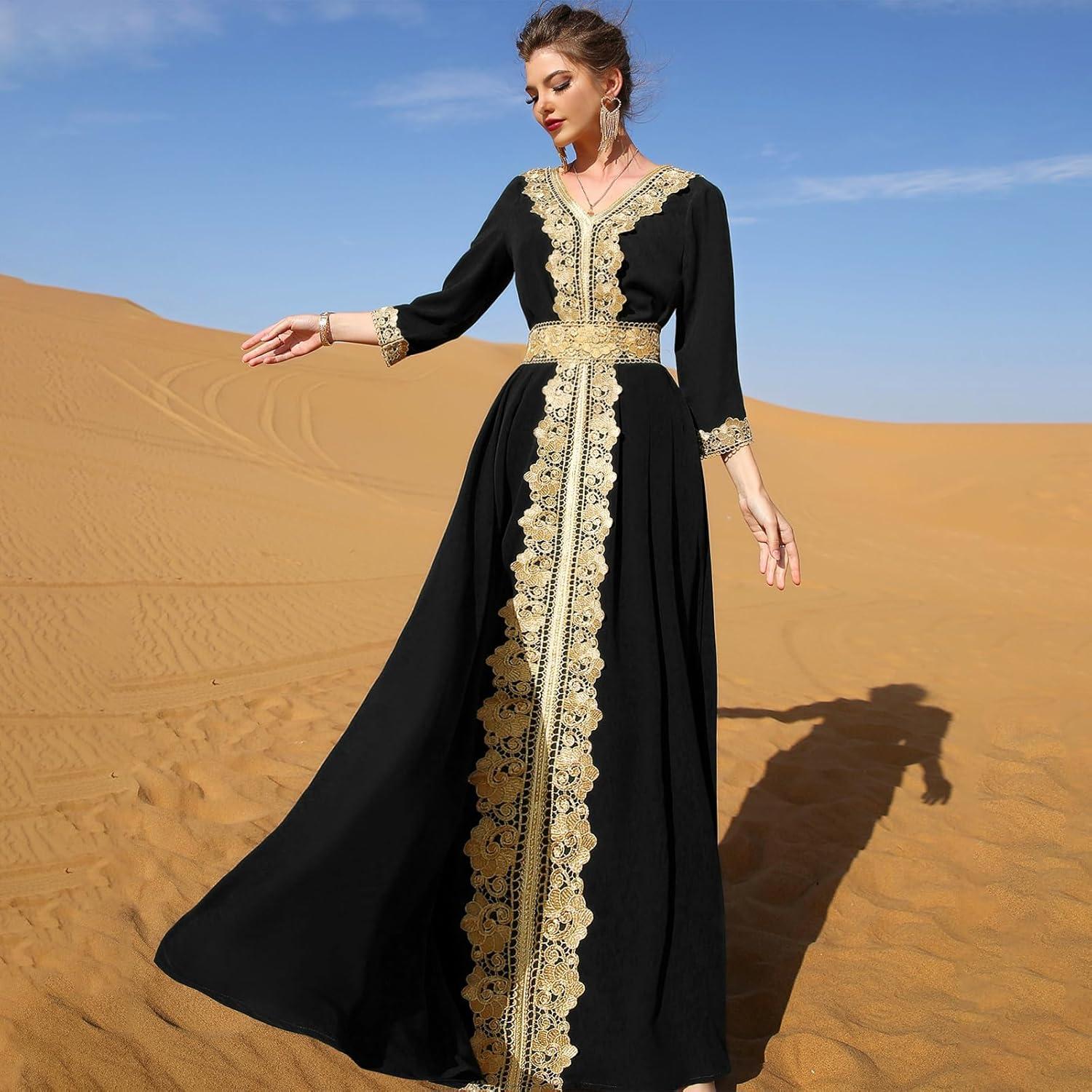 imageIDOPIP Embroidery Abayas for Women Muslim Moroccan Floral Maxi Kaftan Dress Arabic Islamic Dubai Robe Ramadan Prayer ClothesBlack