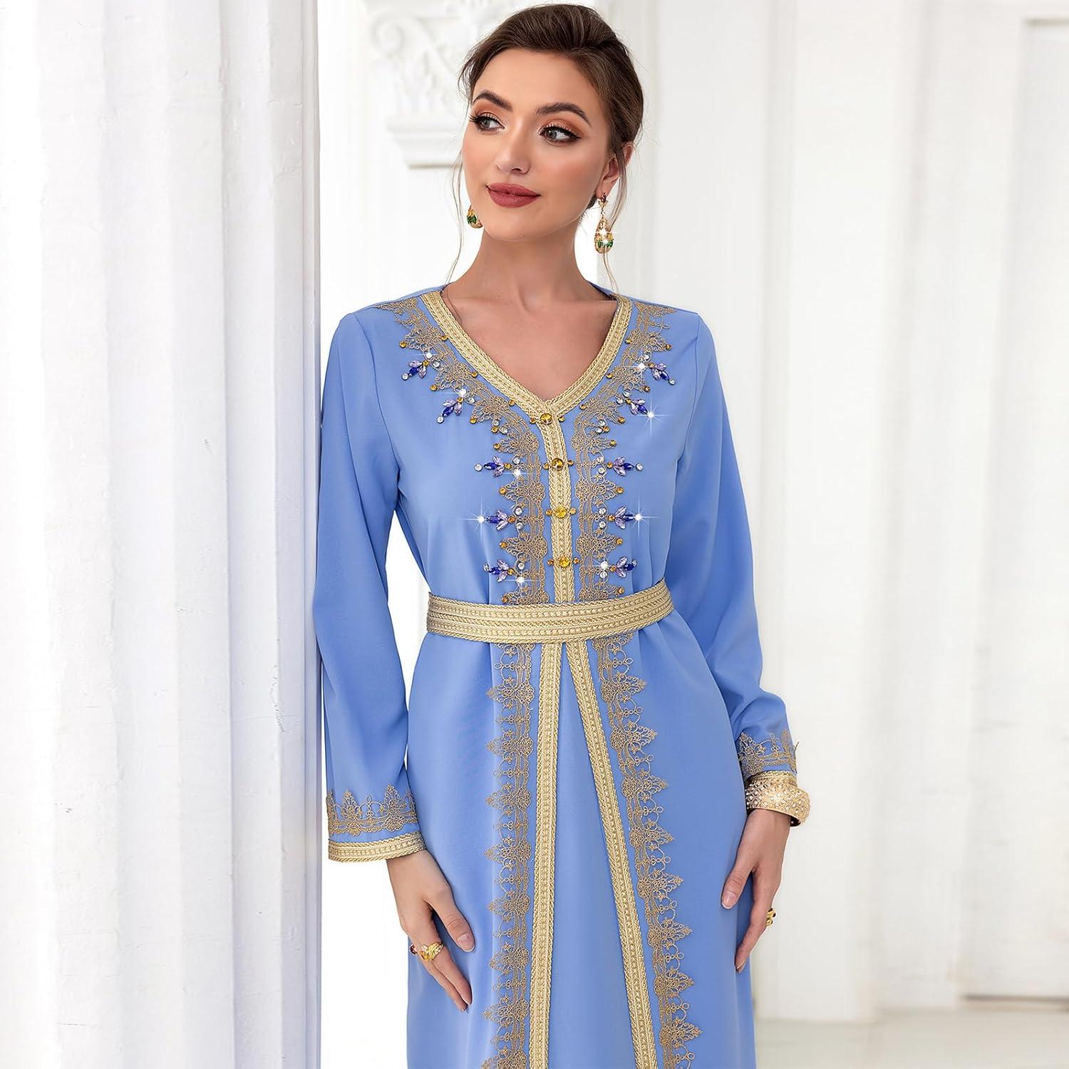 imageIDOPIP Embroidery Abayas for Women Muslim Moroccan Floral Maxi Kaftan Dress Arabic Islamic Dubai Robe Ramadan Prayer ClothesBlue