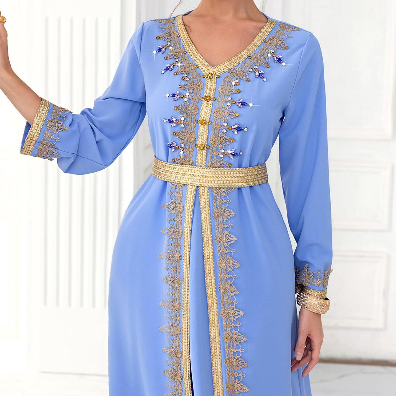 imageIDOPIP Embroidery Abayas for Women Muslim Moroccan Floral Maxi Kaftan Dress Arabic Islamic Dubai Robe Ramadan Prayer ClothesBlue