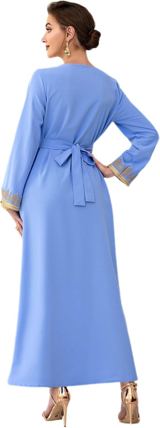 imageIDOPIP Embroidery Abayas for Women Muslim Moroccan Floral Maxi Kaftan Dress Arabic Islamic Dubai Robe Ramadan Prayer ClothesBlue