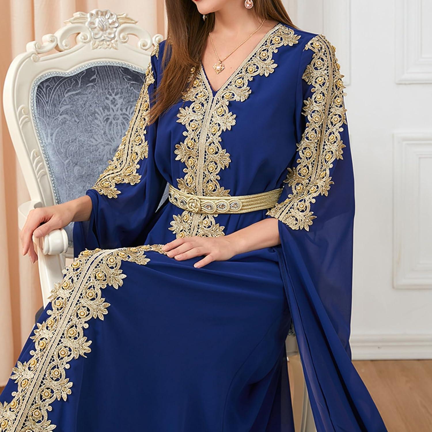imageIDOPIP Embroidery Abayas for Women Muslim Moroccan Floral Maxi Kaftan Dress Arabic Islamic Dubai Robe Ramadan Prayer ClothesDark Blue