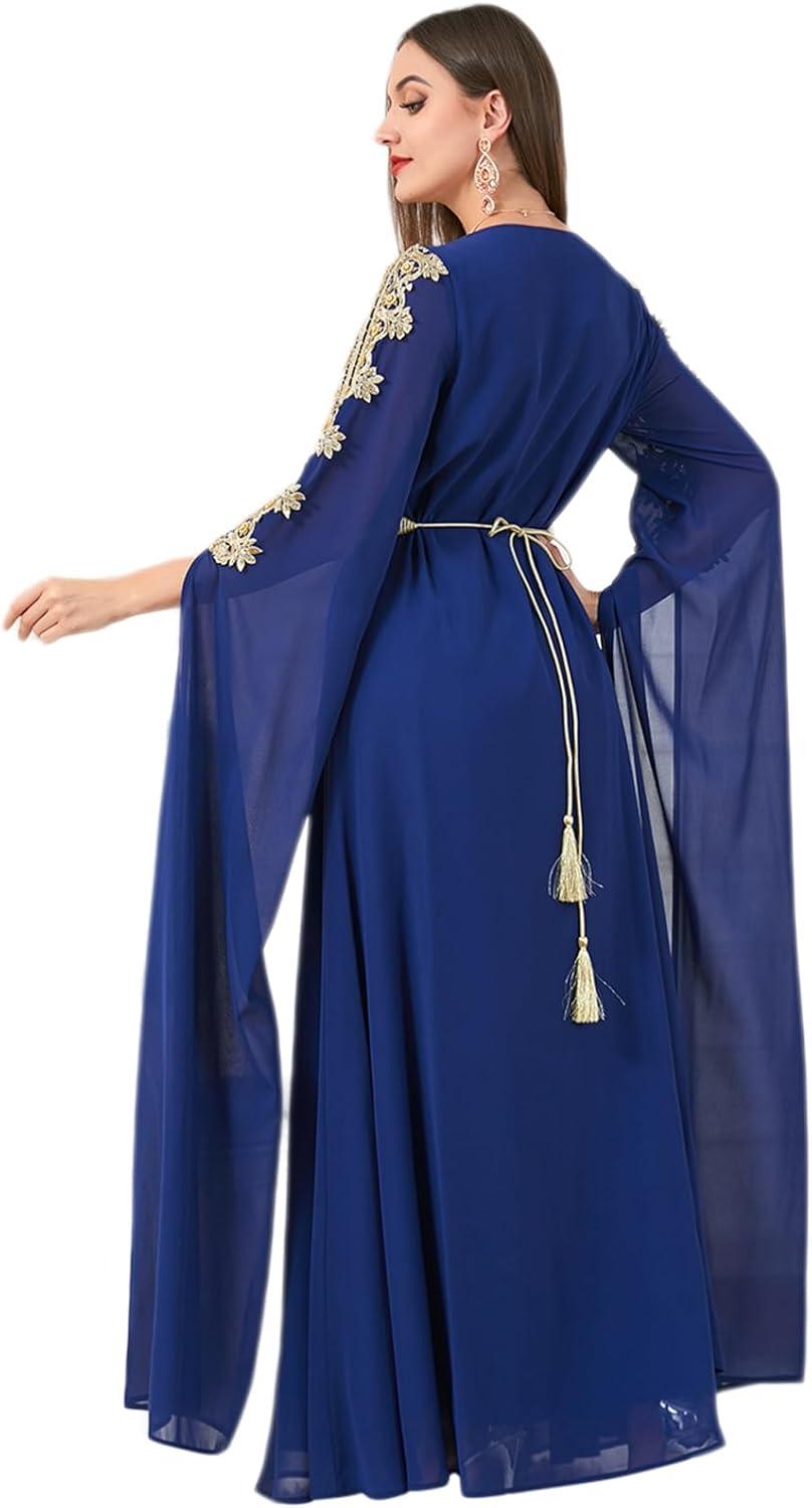 imageIDOPIP Embroidery Abayas for Women Muslim Moroccan Floral Maxi Kaftan Dress Arabic Islamic Dubai Robe Ramadan Prayer ClothesDark Blue