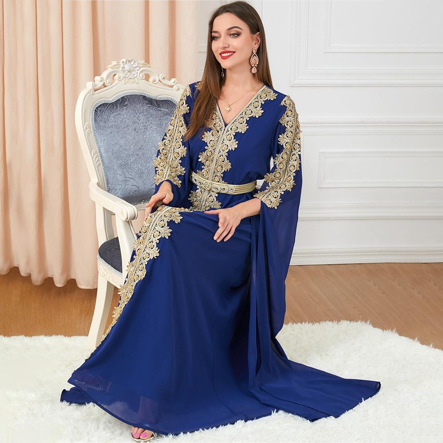 imageIDOPIP Embroidery Abayas for Women Muslim Moroccan Floral Maxi Kaftan Dress Arabic Islamic Dubai Robe Ramadan Prayer ClothesDark Blue