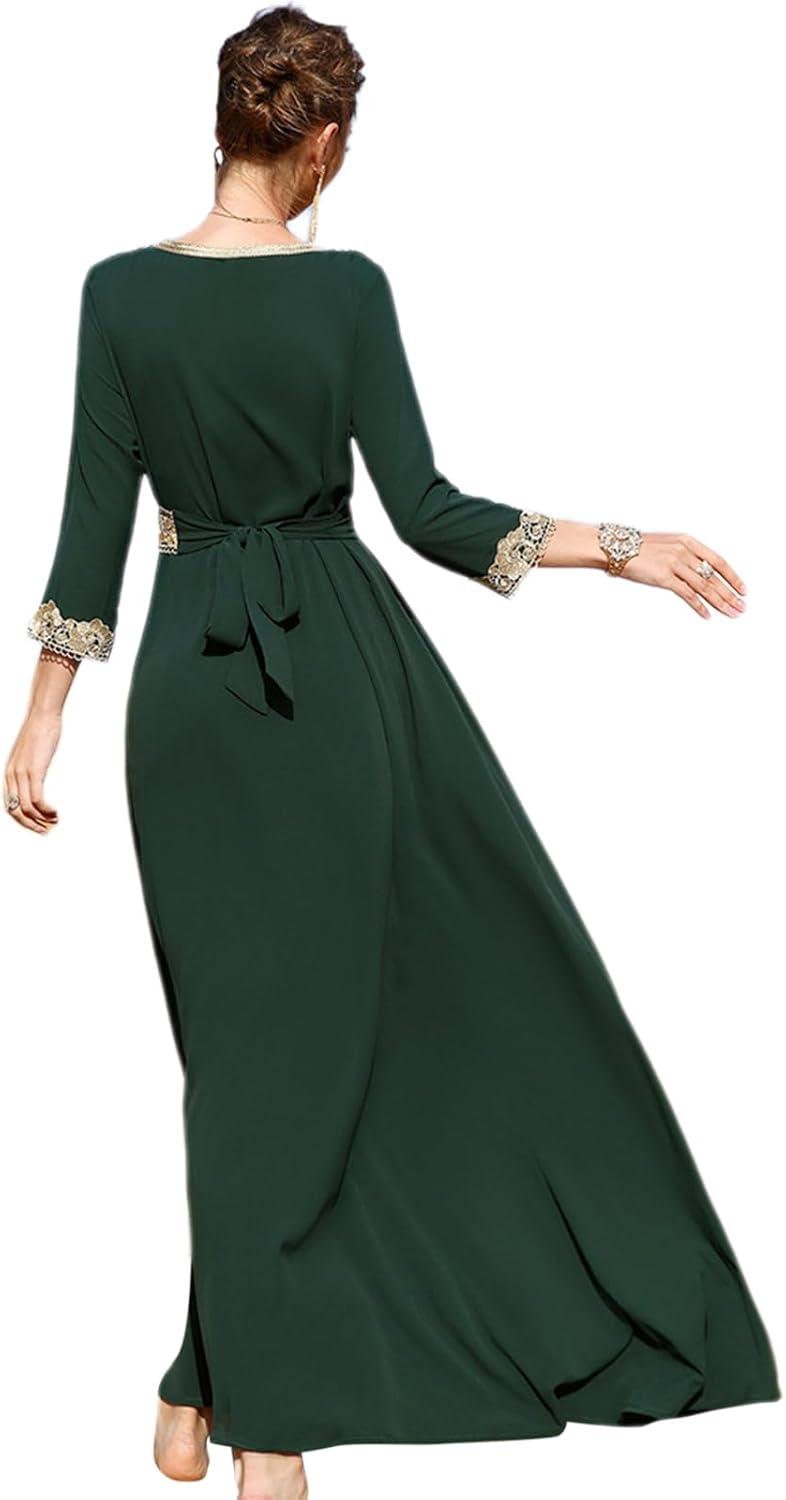 imageIDOPIP Embroidery Abayas for Women Muslim Moroccan Floral Maxi Kaftan Dress Arabic Islamic Dubai Robe Ramadan Prayer ClothesGreen