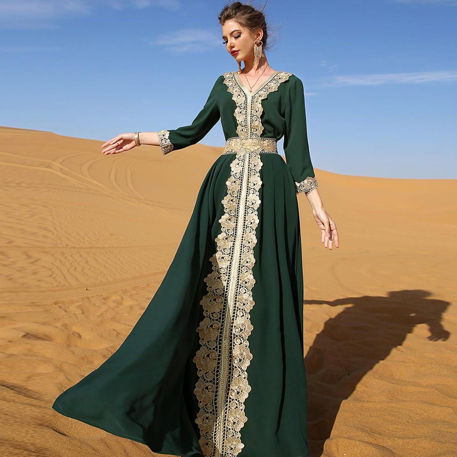 imageIDOPIP Embroidery Abayas for Women Muslim Moroccan Floral Maxi Kaftan Dress Arabic Islamic Dubai Robe Ramadan Prayer ClothesGreen