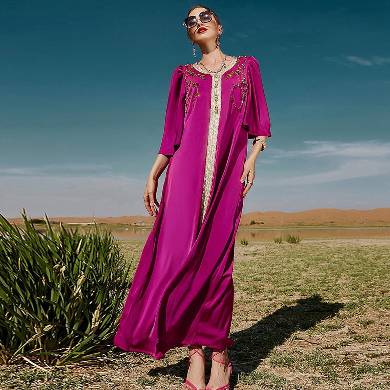 imageIDOPIP Embroidery Abayas for Women Muslim Moroccan Floral Maxi Kaftan Dress Arabic Islamic Dubai Robe Ramadan Prayer ClothesHot Pink