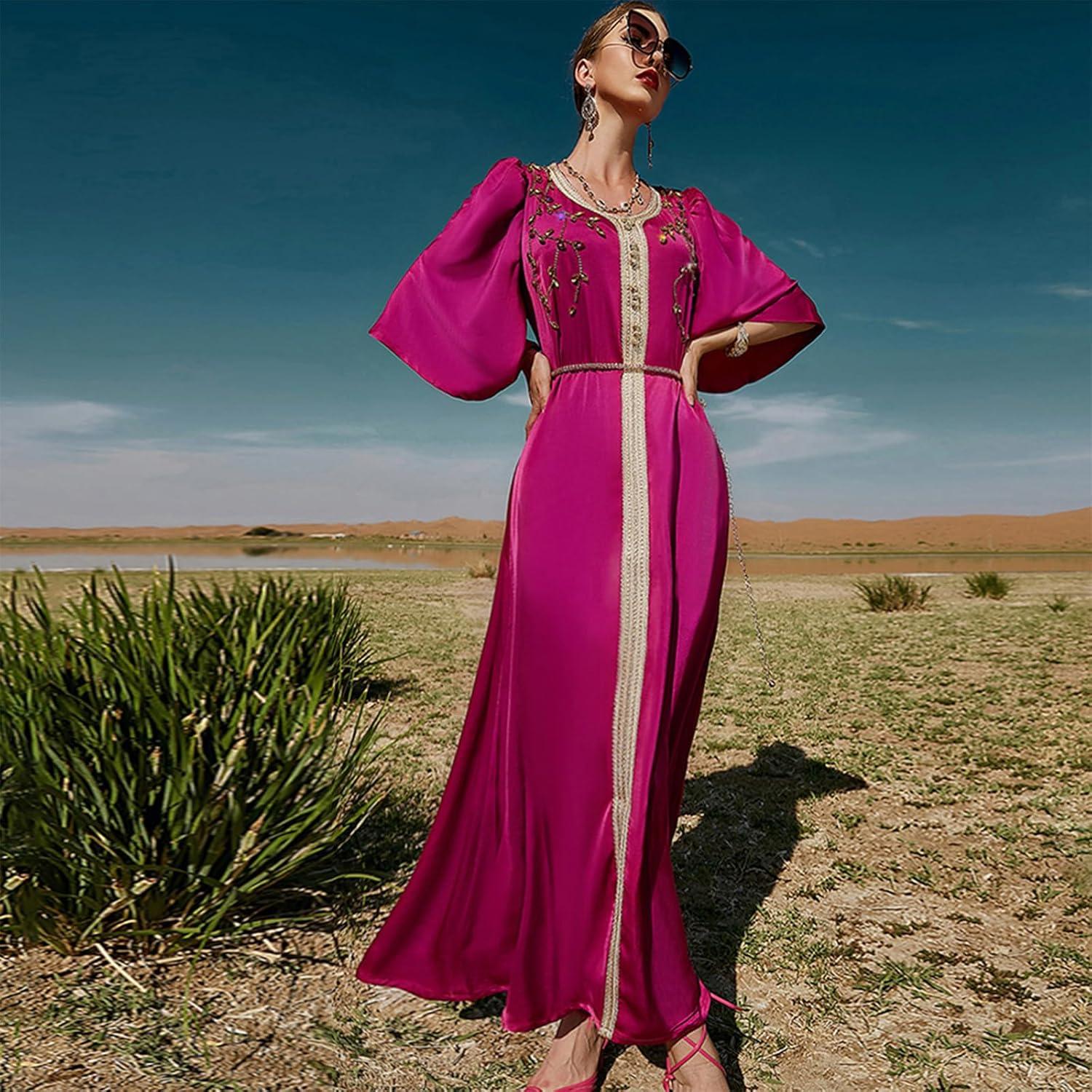 imageIDOPIP Embroidery Abayas for Women Muslim Moroccan Floral Maxi Kaftan Dress Arabic Islamic Dubai Robe Ramadan Prayer ClothesHot Pink
