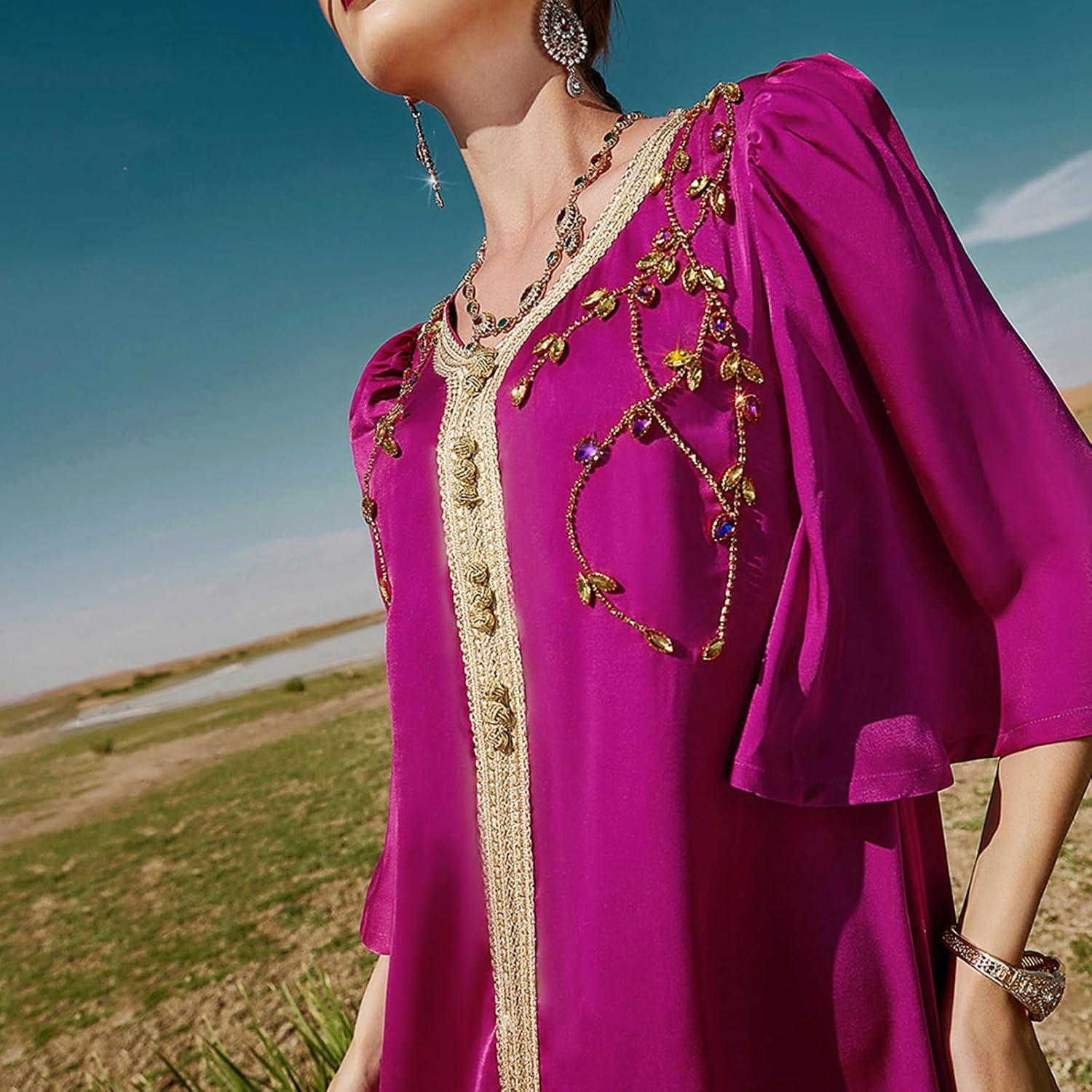 imageIDOPIP Embroidery Abayas for Women Muslim Moroccan Floral Maxi Kaftan Dress Arabic Islamic Dubai Robe Ramadan Prayer ClothesHot Pink