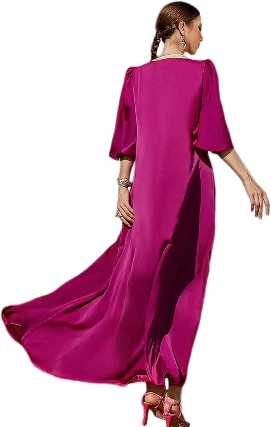 imageIDOPIP Embroidery Abayas for Women Muslim Moroccan Floral Maxi Kaftan Dress Arabic Islamic Dubai Robe Ramadan Prayer ClothesHot Pink