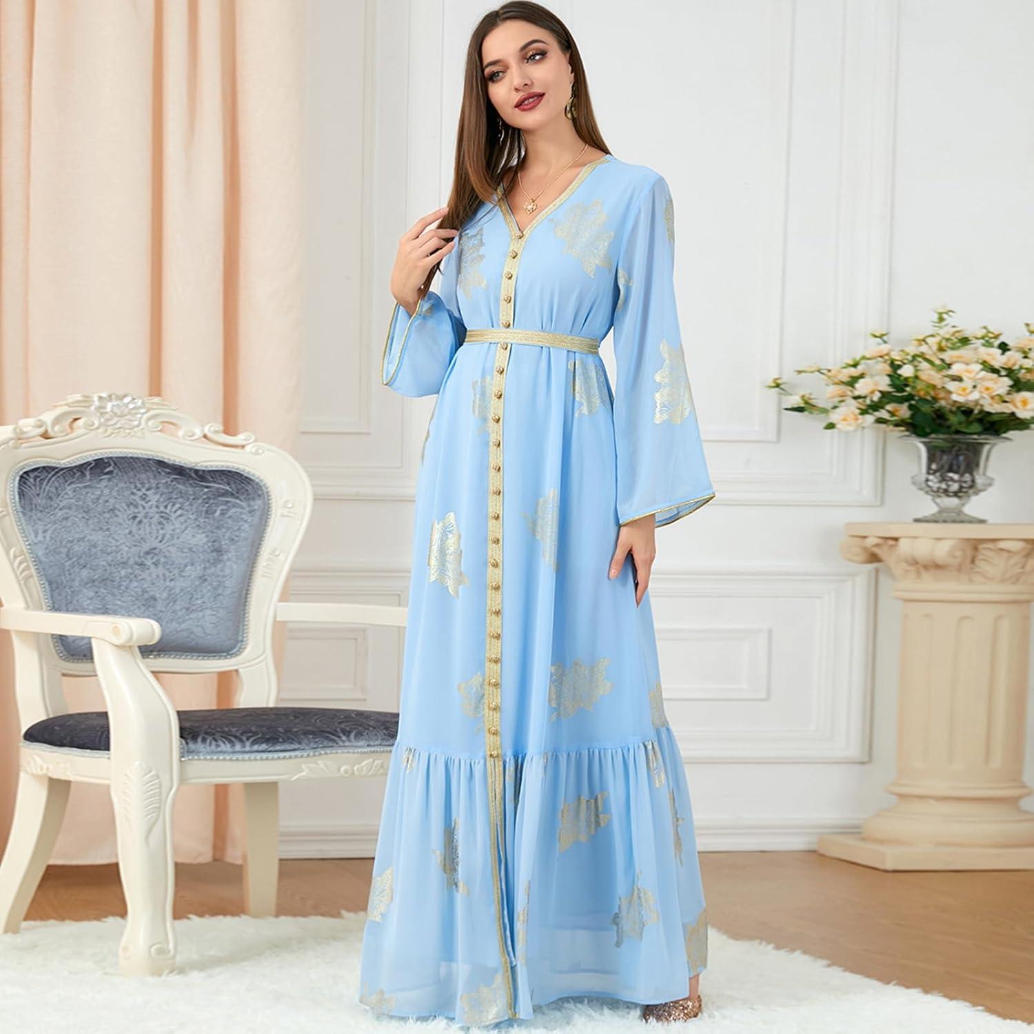 imageIDOPIP Embroidery Abayas for Women Muslim Moroccan Floral Maxi Kaftan Dress Arabic Islamic Dubai Robe Ramadan Prayer ClothesLight Blue