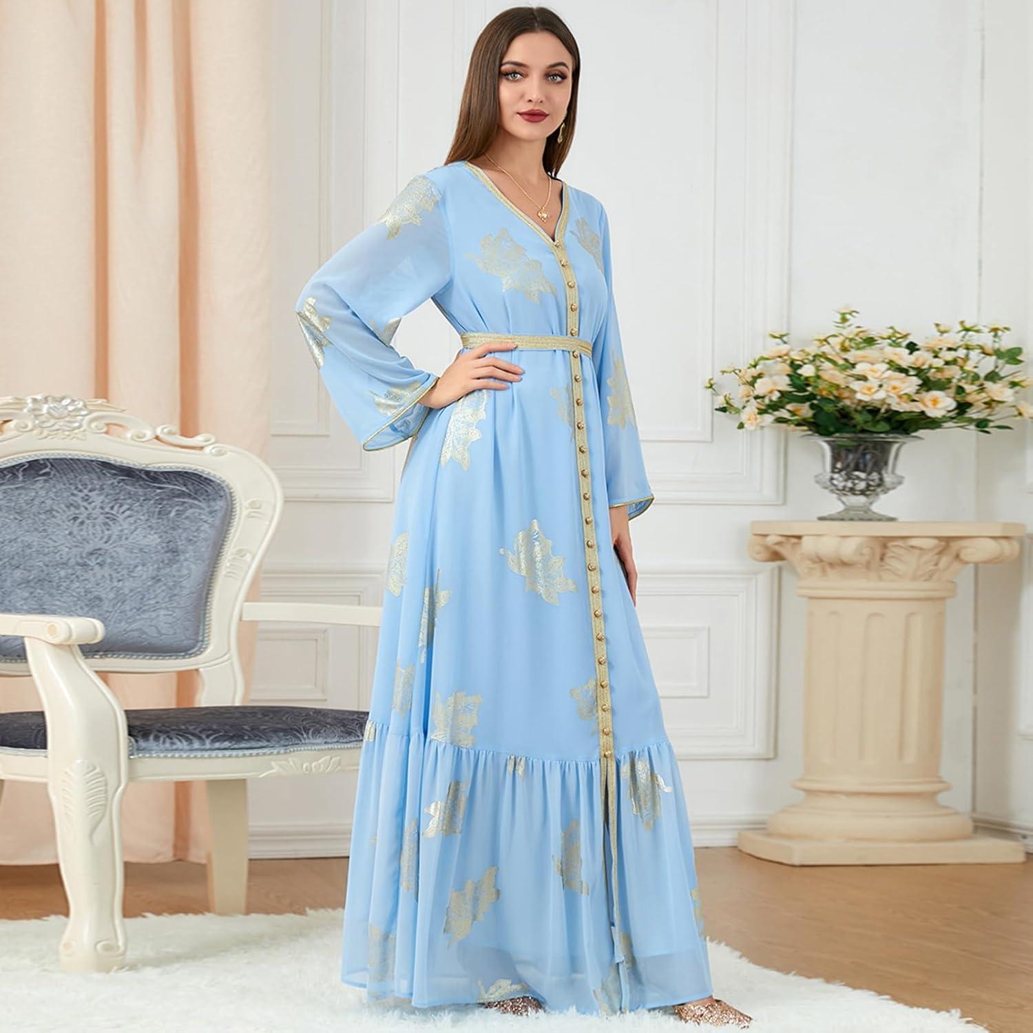 imageIDOPIP Embroidery Abayas for Women Muslim Moroccan Floral Maxi Kaftan Dress Arabic Islamic Dubai Robe Ramadan Prayer ClothesLight Blue