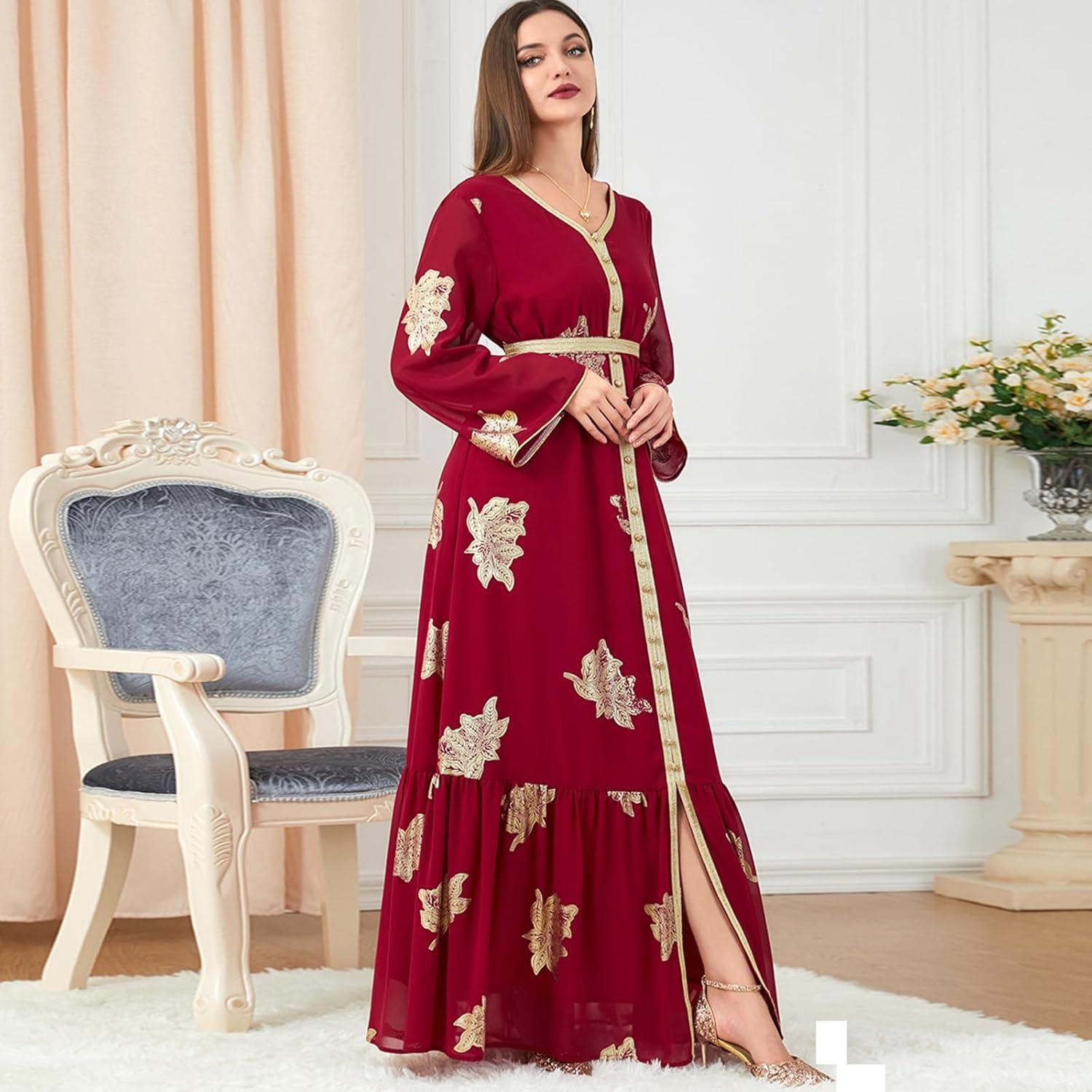 imageIDOPIP Embroidery Abayas for Women Muslim Moroccan Floral Maxi Kaftan Dress Arabic Islamic Dubai Robe Ramadan Prayer ClothesRed