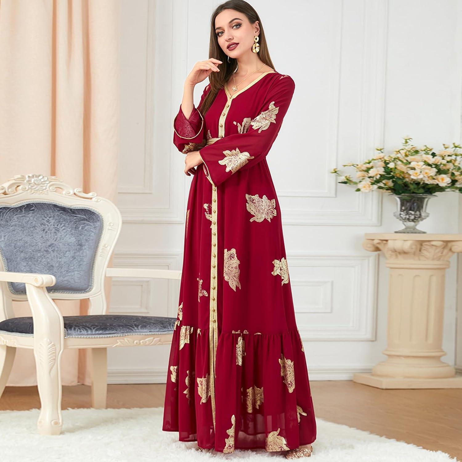imageIDOPIP Embroidery Abayas for Women Muslim Moroccan Floral Maxi Kaftan Dress Arabic Islamic Dubai Robe Ramadan Prayer ClothesRed