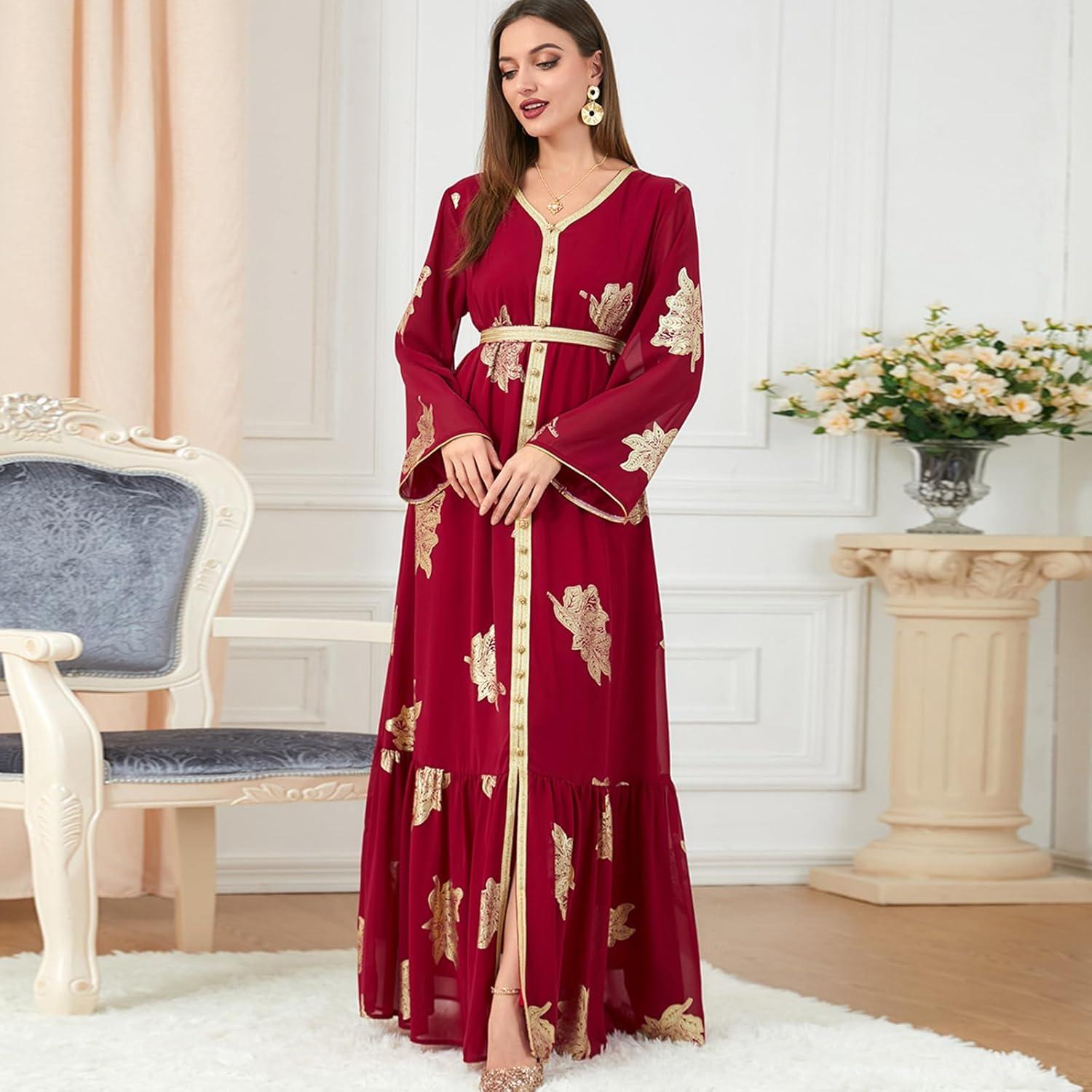 imageIDOPIP Embroidery Abayas for Women Muslim Moroccan Floral Maxi Kaftan Dress Arabic Islamic Dubai Robe Ramadan Prayer ClothesRed