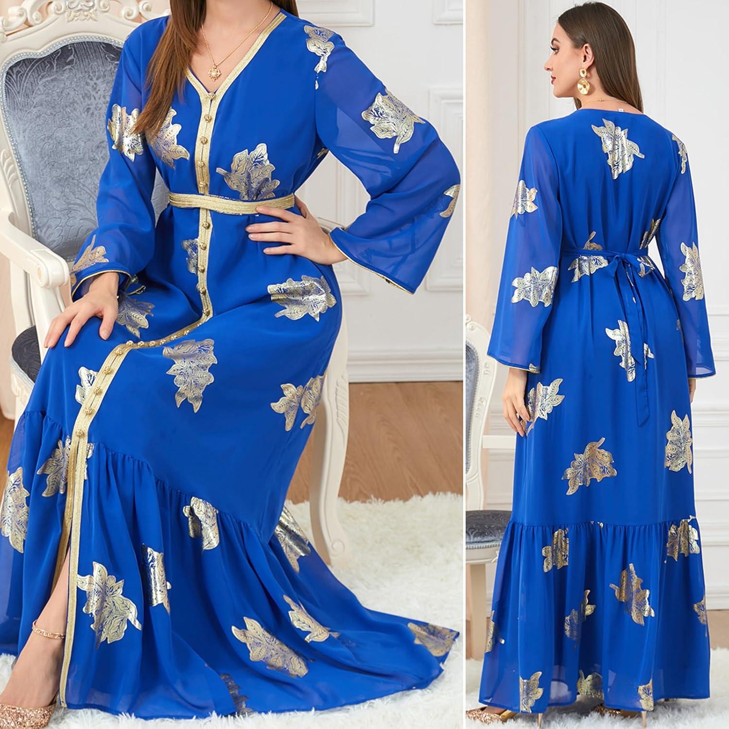 imageIDOPIP Embroidery Abayas for Women Muslim Moroccan Floral Maxi Kaftan Dress Arabic Islamic Dubai Robe Ramadan Prayer ClothesRoyal Blue