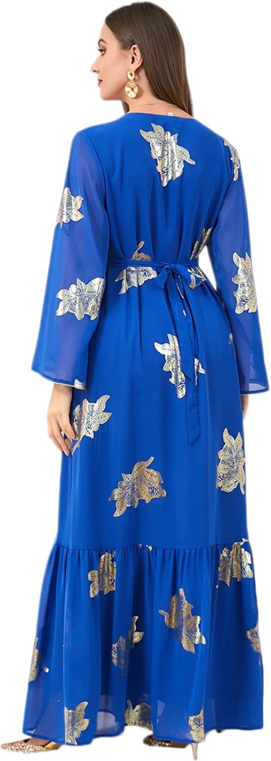 imageIDOPIP Embroidery Abayas for Women Muslim Moroccan Floral Maxi Kaftan Dress Arabic Islamic Dubai Robe Ramadan Prayer ClothesRoyal Blue