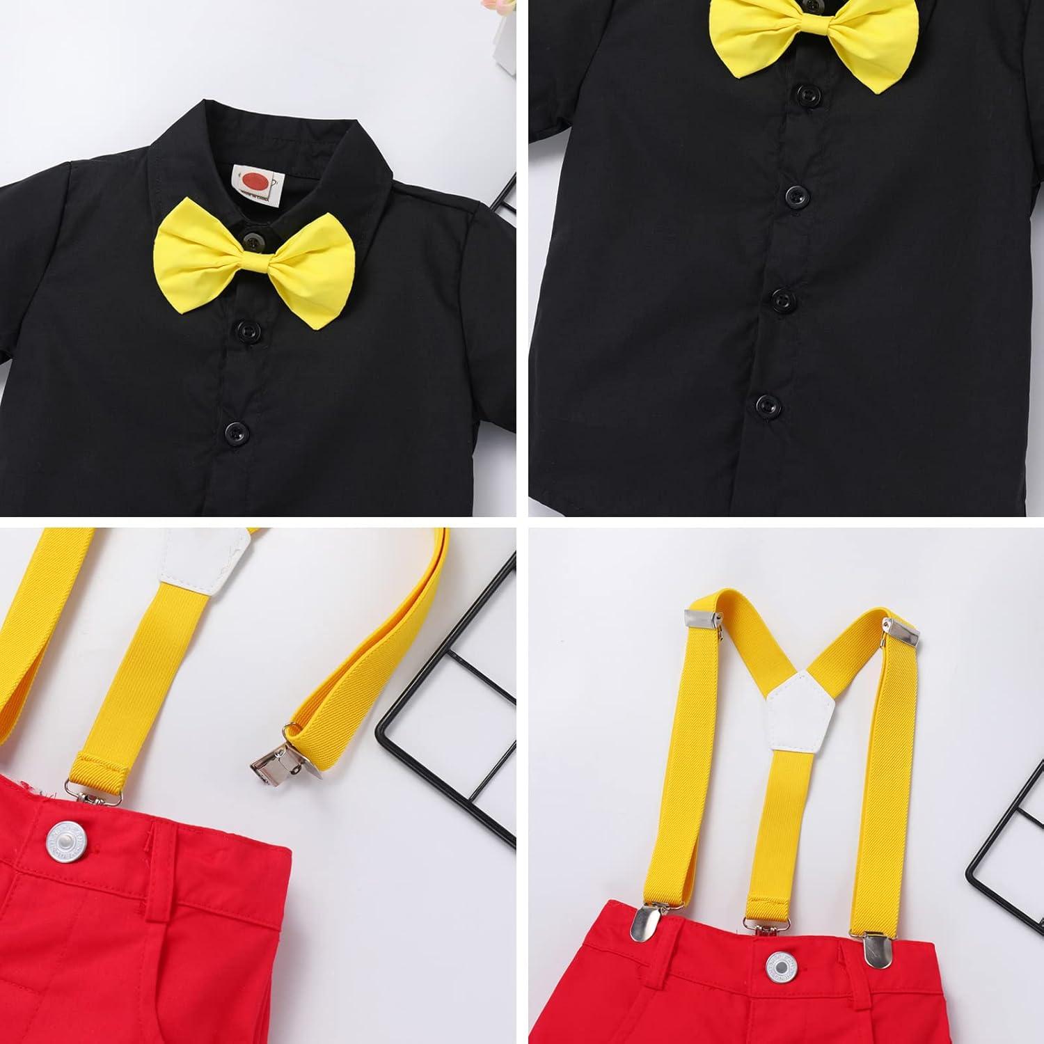 imageIDOPIP Kids Baby Boys Birthday Cake Smash Outfit Gentleman Necktie Shirt Suspenders Shorts Ears Halloween Christmas CostumeBlack  Red 4pcs