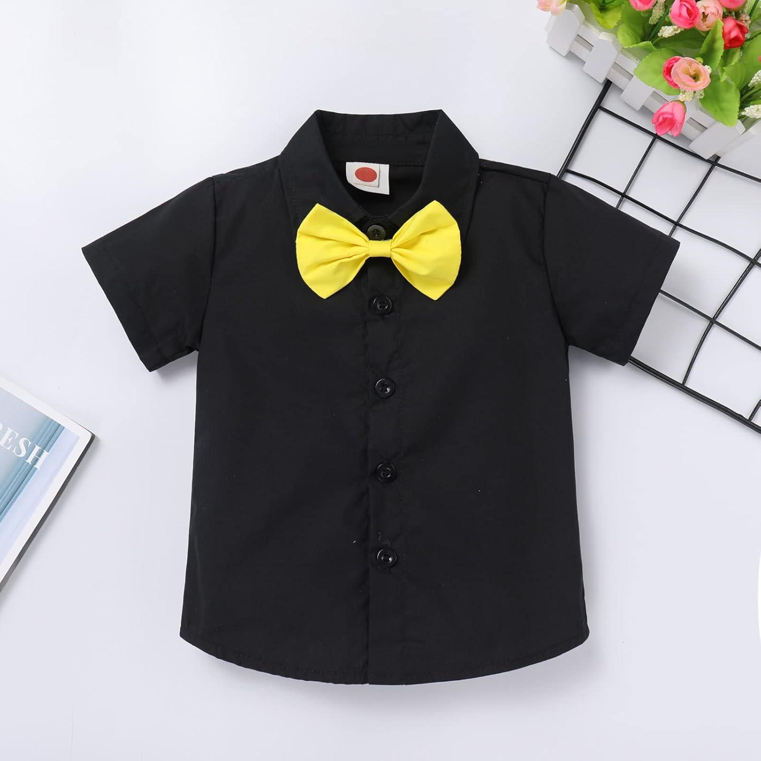 imageIDOPIP Kids Baby Boys Birthday Cake Smash Outfit Gentleman Necktie Shirt Suspenders Shorts Ears Halloween Christmas CostumeBlack  Red 4pcs