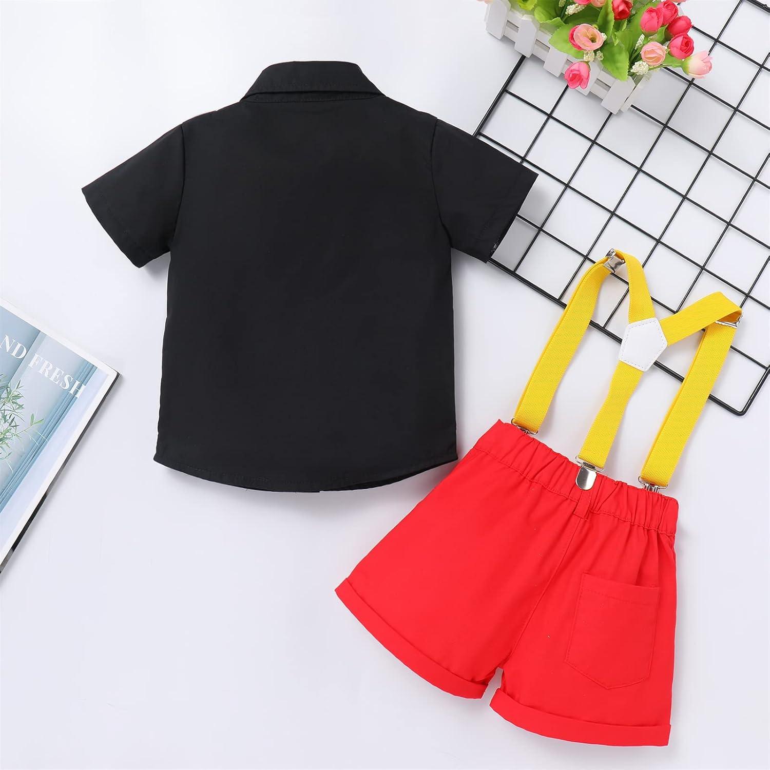imageIDOPIP Kids Baby Boys Birthday Cake Smash Outfit Gentleman Necktie Shirt Suspenders Shorts Ears Halloween Christmas CostumeBlack  Red 4pcs