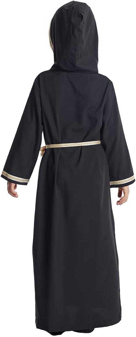 imageIDOPIP Kids Girls Muslim Abaya Dress with Belt Long Sleeve Zip Hooded Islamic Kaftan Maxi Dress Full Cover Thobe Gown ClothesBlack Hooded