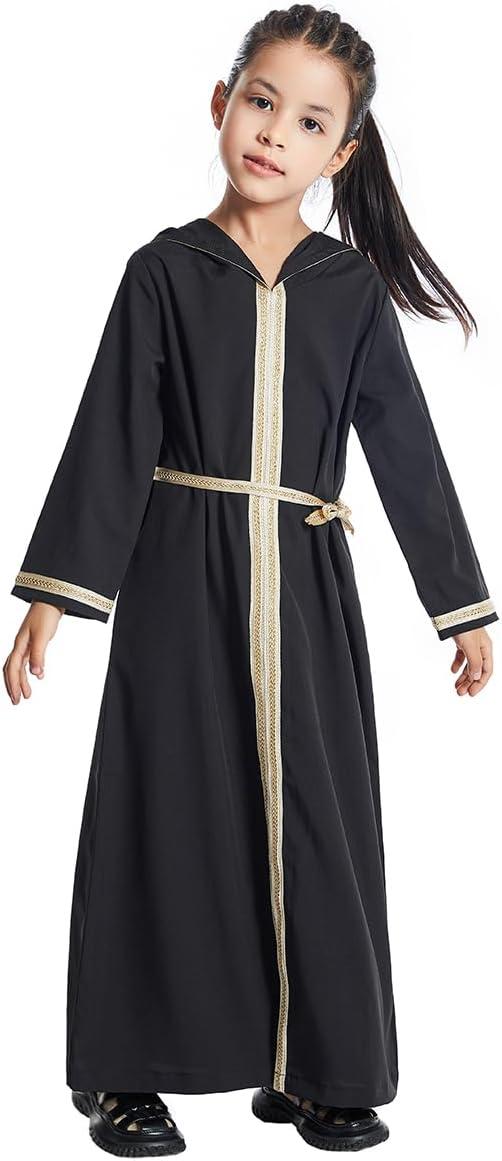 imageIDOPIP Kids Girls Muslim Abaya Dress with Belt Long Sleeve Zip Hooded Islamic Kaftan Maxi Dress Full Cover Thobe Gown ClothesBlack Hooded