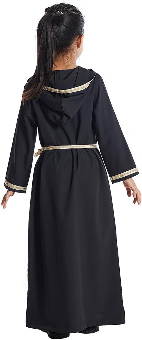 imageIDOPIP Kids Girls Muslim Abaya Dress with Belt Long Sleeve Zip Hooded Islamic Kaftan Maxi Dress Full Cover Thobe Gown ClothesBlack Hooded