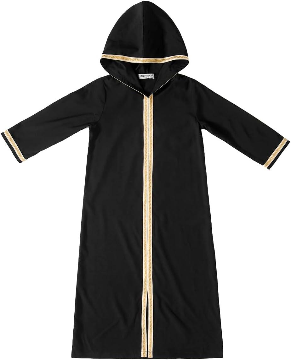imageIDOPIP Kids Girls Muslim Abaya Dress with Belt Long Sleeve Zip Hooded Islamic Kaftan Maxi Dress Full Cover Thobe Gown ClothesBlack Hooded