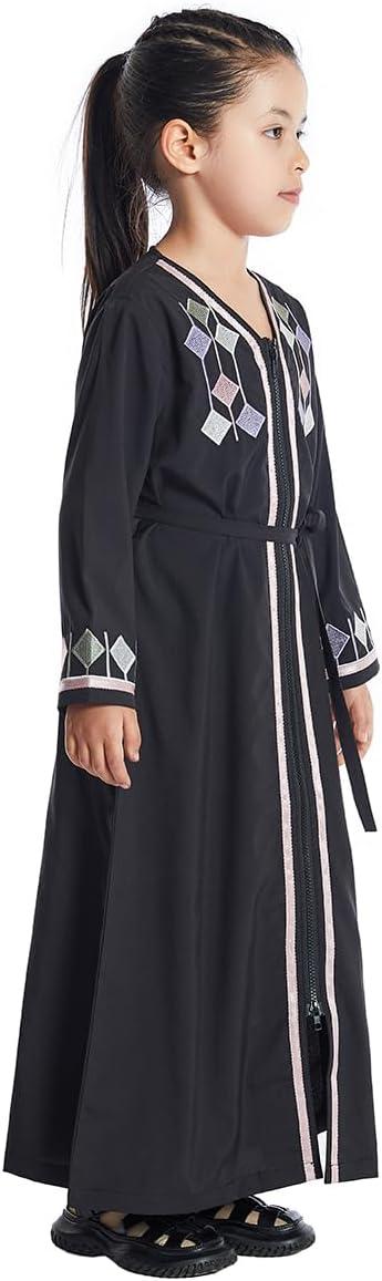 imageIDOPIP Kids Girls Muslim Abaya Dress with Belt Long Sleeve Zip Hooded Islamic Kaftan Maxi Dress Full Cover Thobe Gown ClothesBlack No Hooded