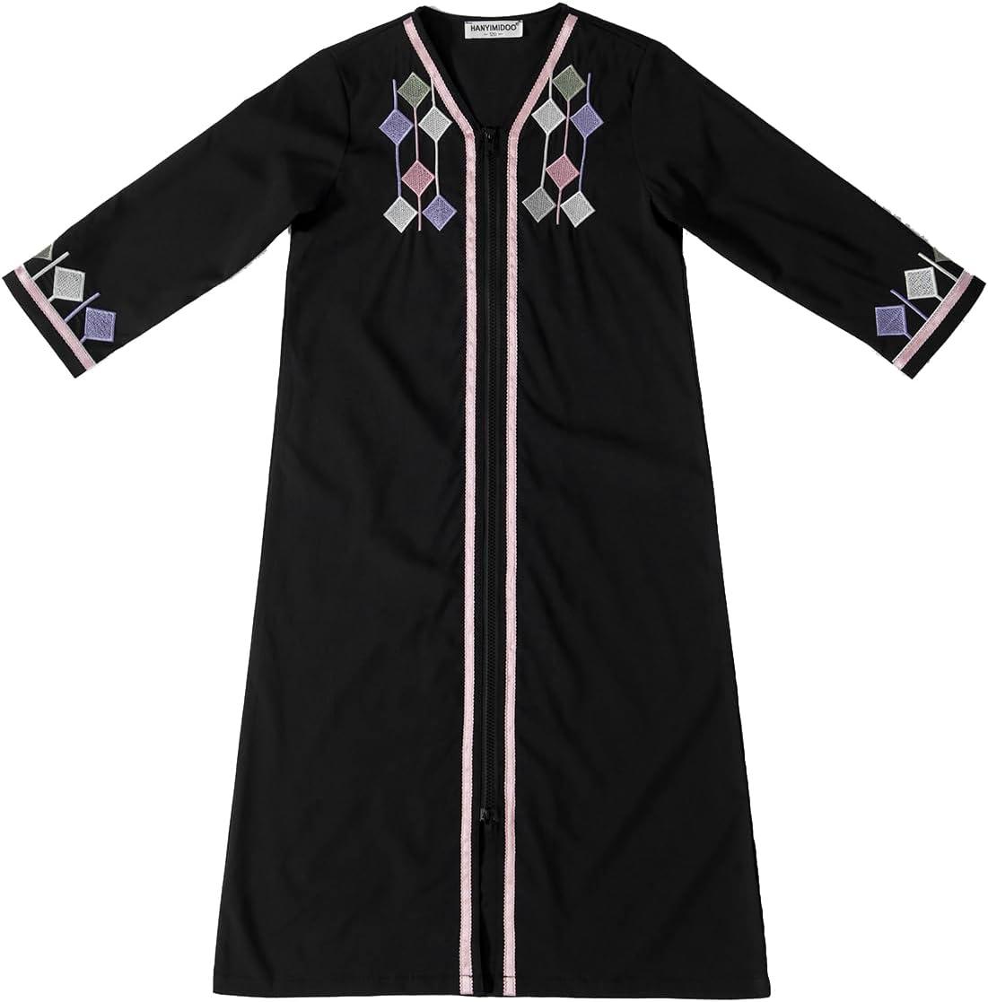imageIDOPIP Kids Girls Muslim Abaya Dress with Belt Long Sleeve Zip Hooded Islamic Kaftan Maxi Dress Full Cover Thobe Gown ClothesBlack No Hooded