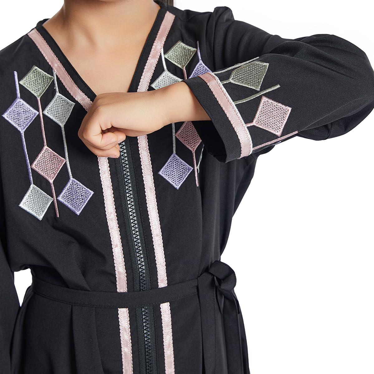 imageIDOPIP Kids Girls Muslim Abaya Dress with Belt Long Sleeve Zip Hooded Islamic Kaftan Maxi Dress Full Cover Thobe Gown ClothesBlack No Hooded