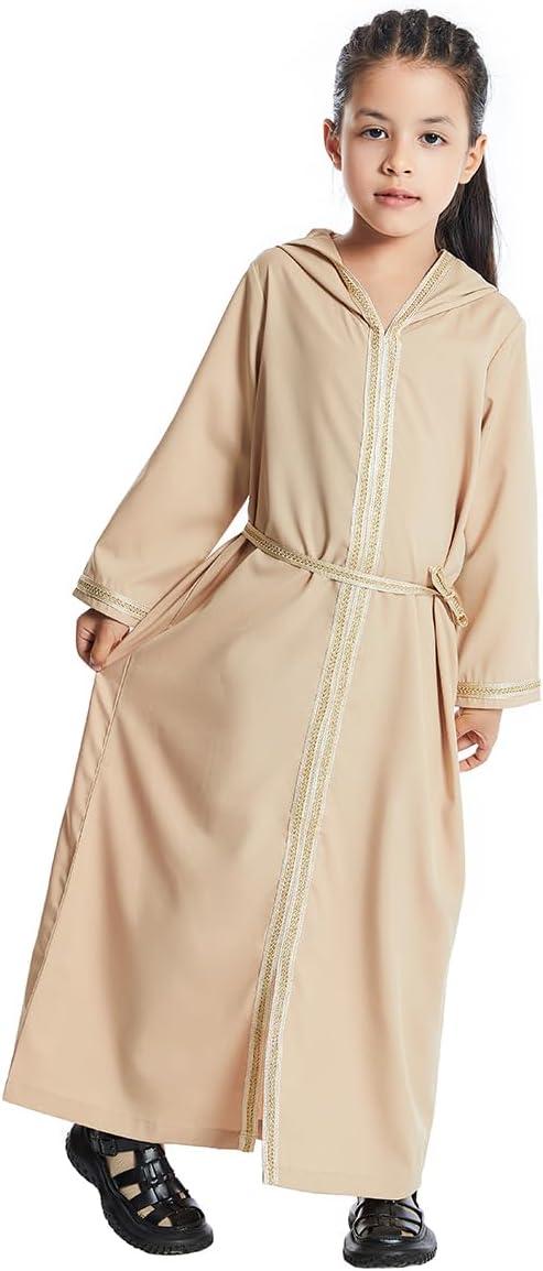 imageIDOPIP Kids Girls Muslim Abaya Dress with Belt Long Sleeve Zip Hooded Islamic Kaftan Maxi Dress Full Cover Thobe Gown ClothesCamel Hooded