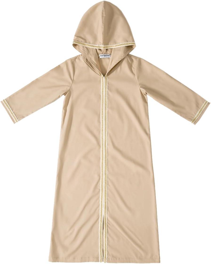 imageIDOPIP Kids Girls Muslim Abaya Dress with Belt Long Sleeve Zip Hooded Islamic Kaftan Maxi Dress Full Cover Thobe Gown ClothesCamel Hooded